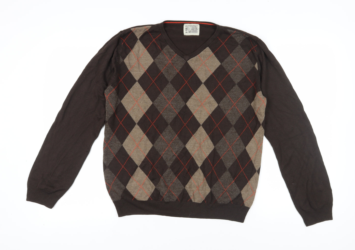 BHS Men's Brown Argyle V-Neck Pullover Jumper M