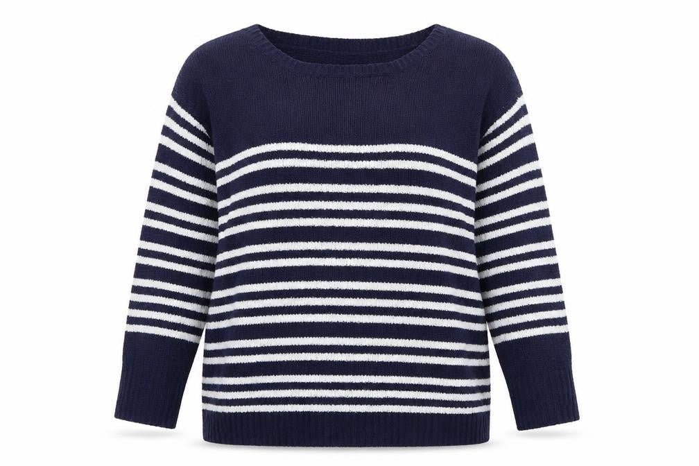 Front view of M&Co Women's Navy Striped jumper, size 16