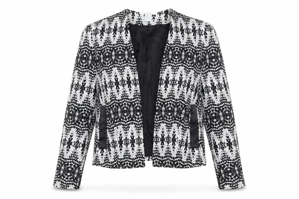 Front view of H&M Women's Black Geometric Blazer, size 12