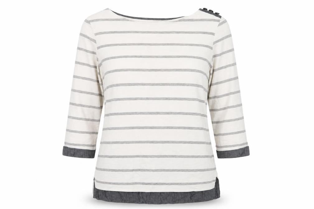 Front view of Next Women's Ivory Striped Blouse, size 12, Elegant Boat Neck
