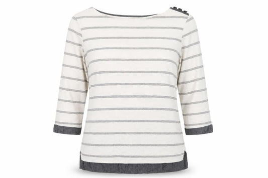 Front view of Next Women's Ivory Striped Blouse, size 12, Elegant Boat Neck