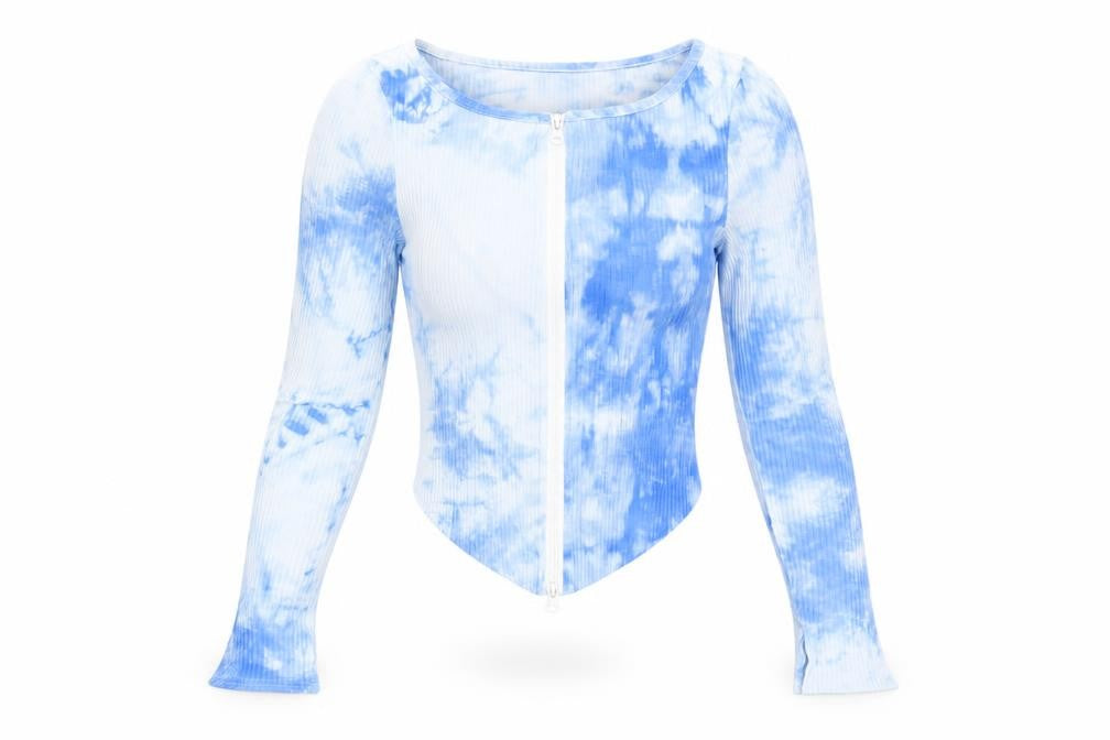 Front view of Love & Other Things Women's Blue Tie-Dye Cropped Blouse, size 10