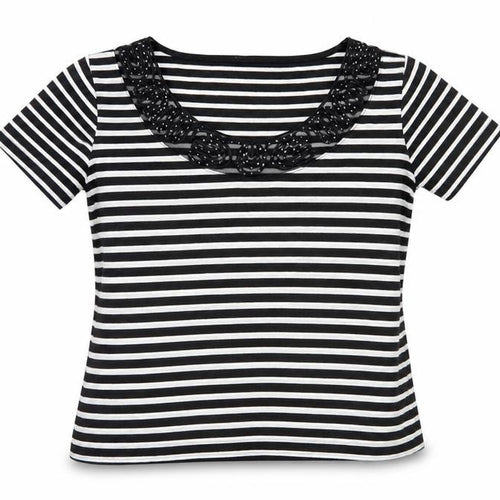Marks and Spencer Women's Striped Lace T-Shirt, Size 14, Black