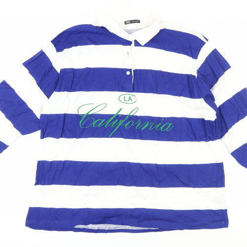 Zara Women's Blue Striped Cotton Polo Shirt L