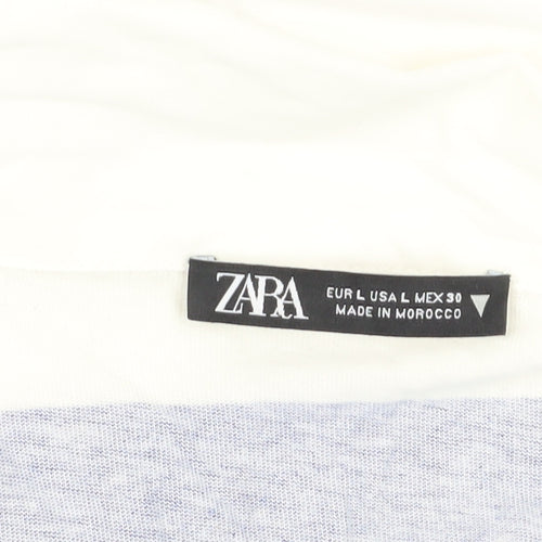 Zara Women's Blue Striped Cotton Polo Shirt L