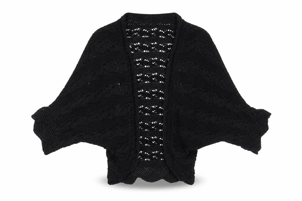 Front view of Michelle Nicol Women's Black Open-Knit Shrug, size M