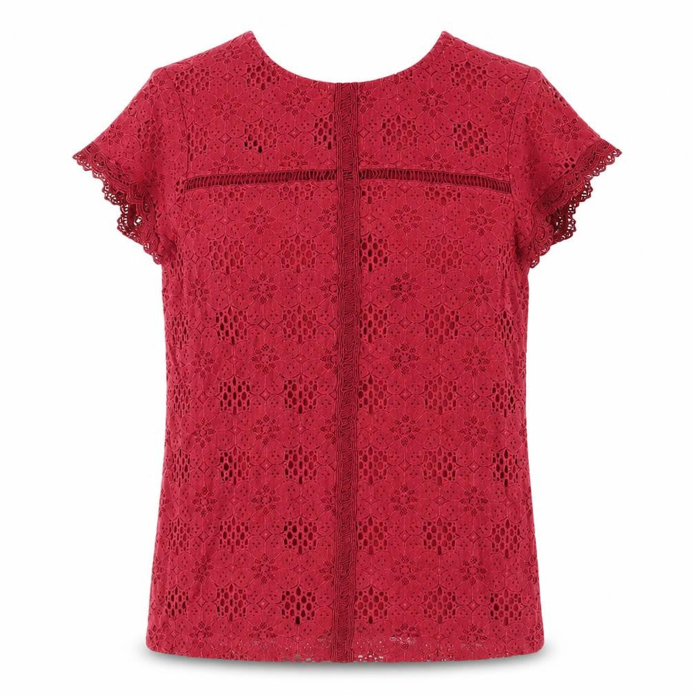 Front view of Dorothy Perkins Red Lace Blouse, size 12, Women's