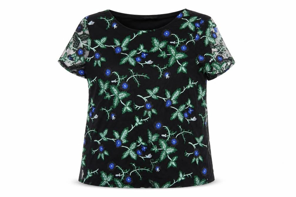 Front view of M&Co Women's Black Floral Camisole Blouse, size 14