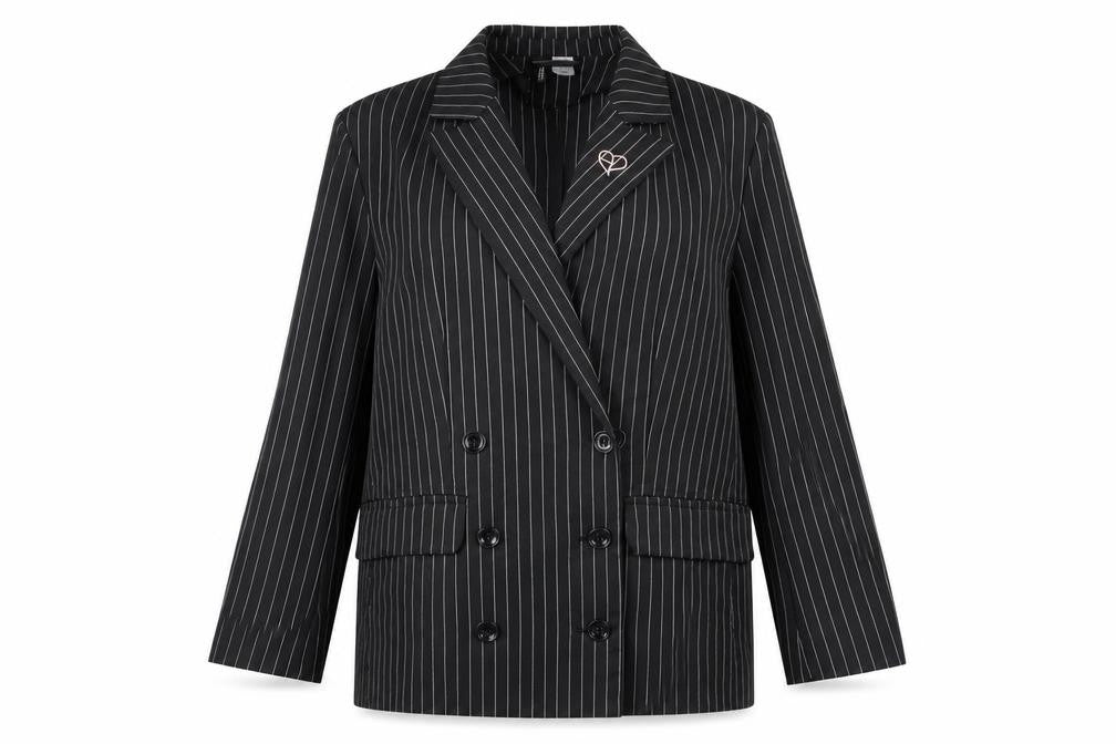 Front view of H&M Women's Black Pinstripe Suit Jacket, size 10