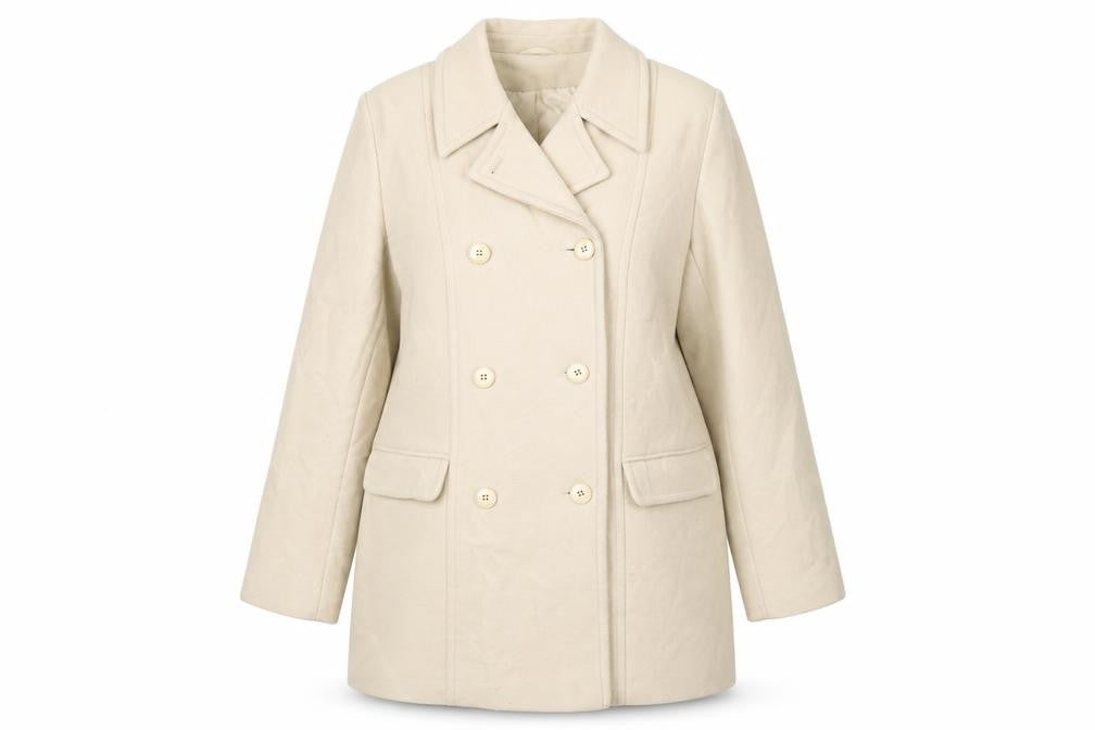 Front view of BHS Women's Beige Wool Blend Pea Coat, size 14