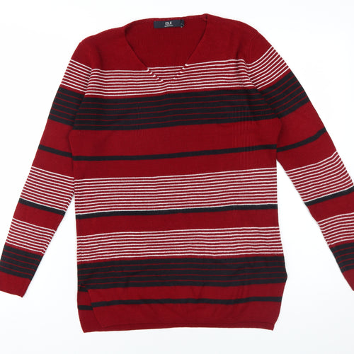 Isle Women's Red Striped Pullover Jumper M V-Neck Knit