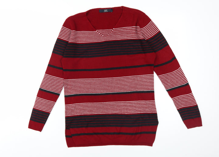 Isle Women's Red Striped Pullover Jumper M V-Neck Knit