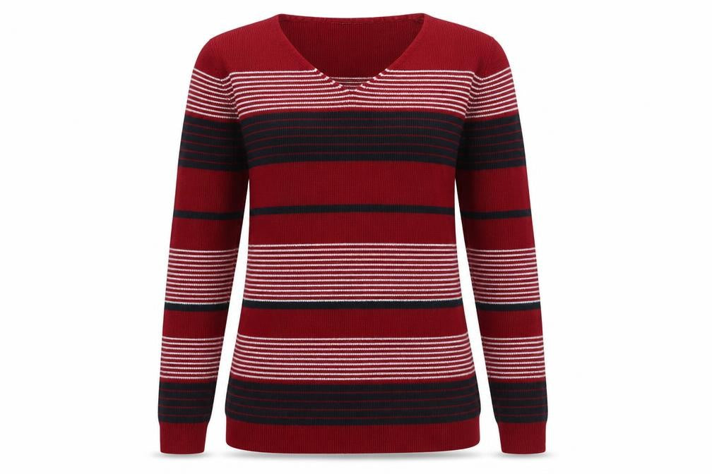 Front view of Isle Women's Red Striped jumper M V-Neck Knit