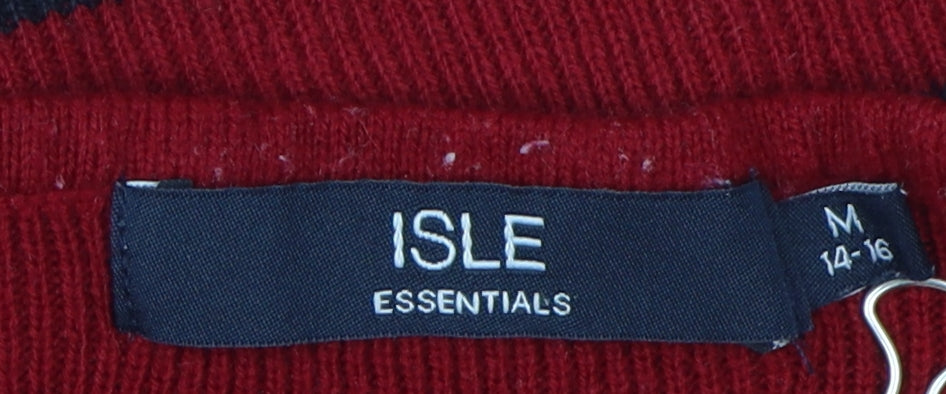 Isle Women's Red Striped Pullover Jumper M V-Neck Knit