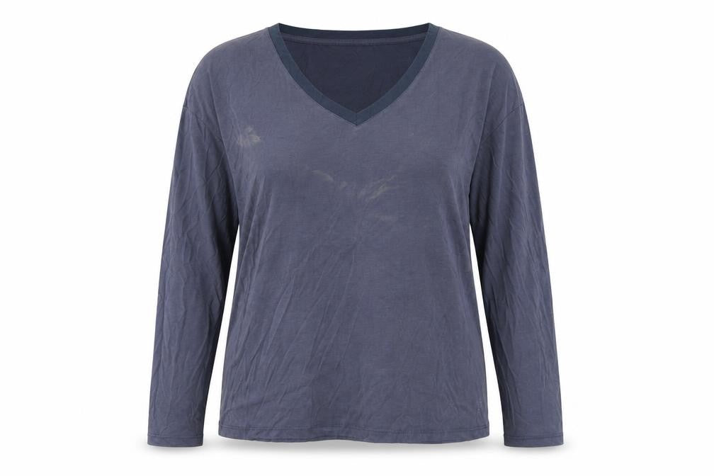 Front view of Soaked Women's Blue Long Sleeve V-Neck Top, size L