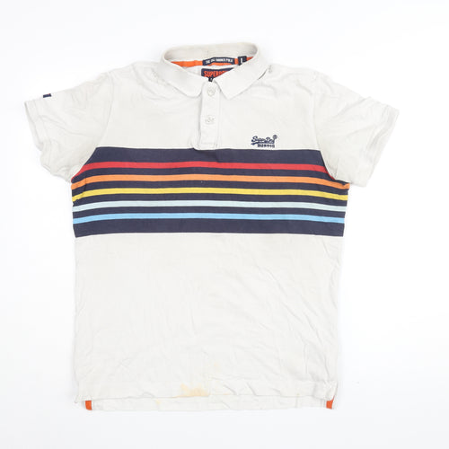 Superdry Men's White Striped Polo Shirt L Casual