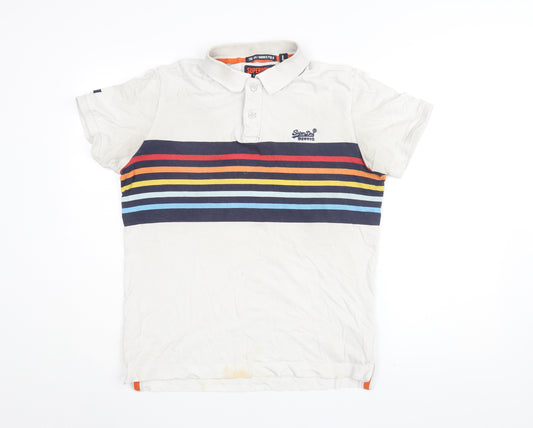 Superdry Men's White Striped Polo Shirt L Casual