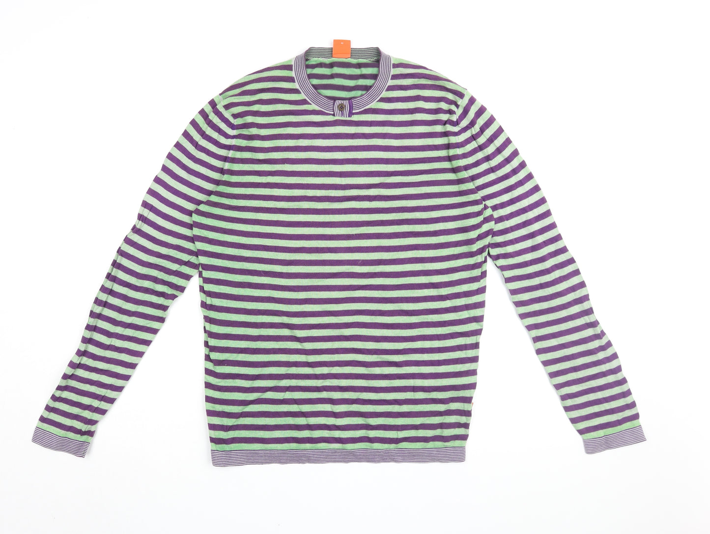 Hugo Boss Men's Purple Green Striped Long Sleeve T-Shirt