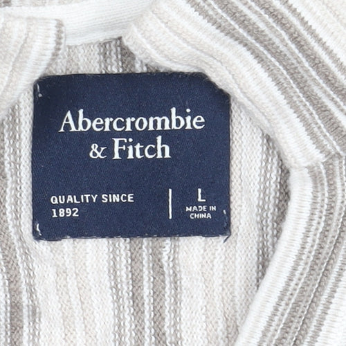 Abercrombie & Fitch Men's Beige Striped T-Shirt, Size L