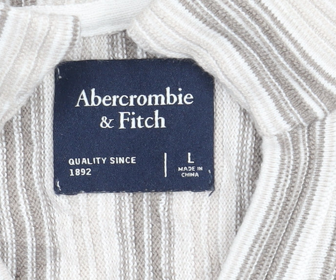 Abercrombie & Fitch Men's Beige Striped T-Shirt, Size L