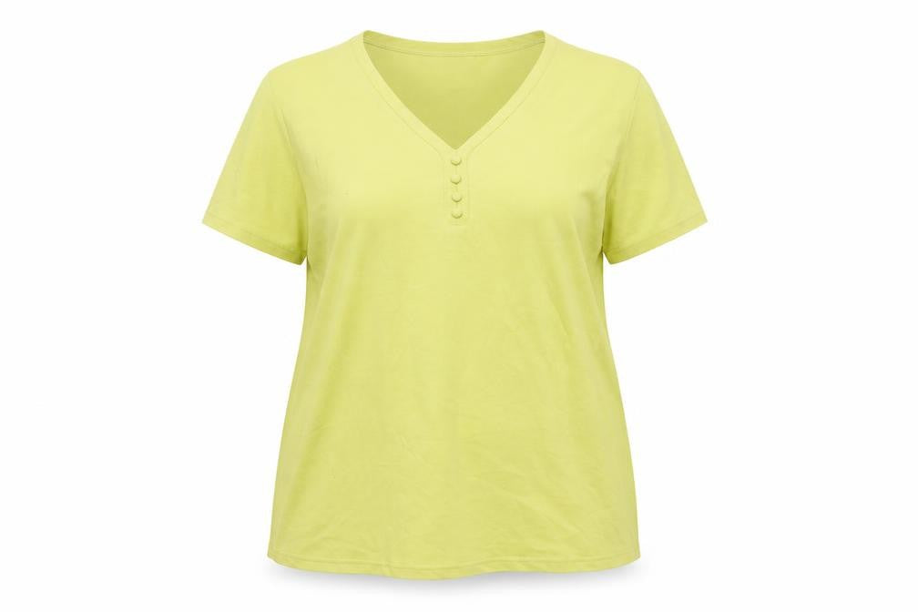 Front view of EWM Women's Yellow V-Neck T-Shirt, size 18-20