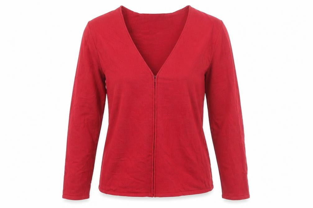 Front view of Karen Millen Women's Red Blouse, size 4, - Elegant V-Neck
