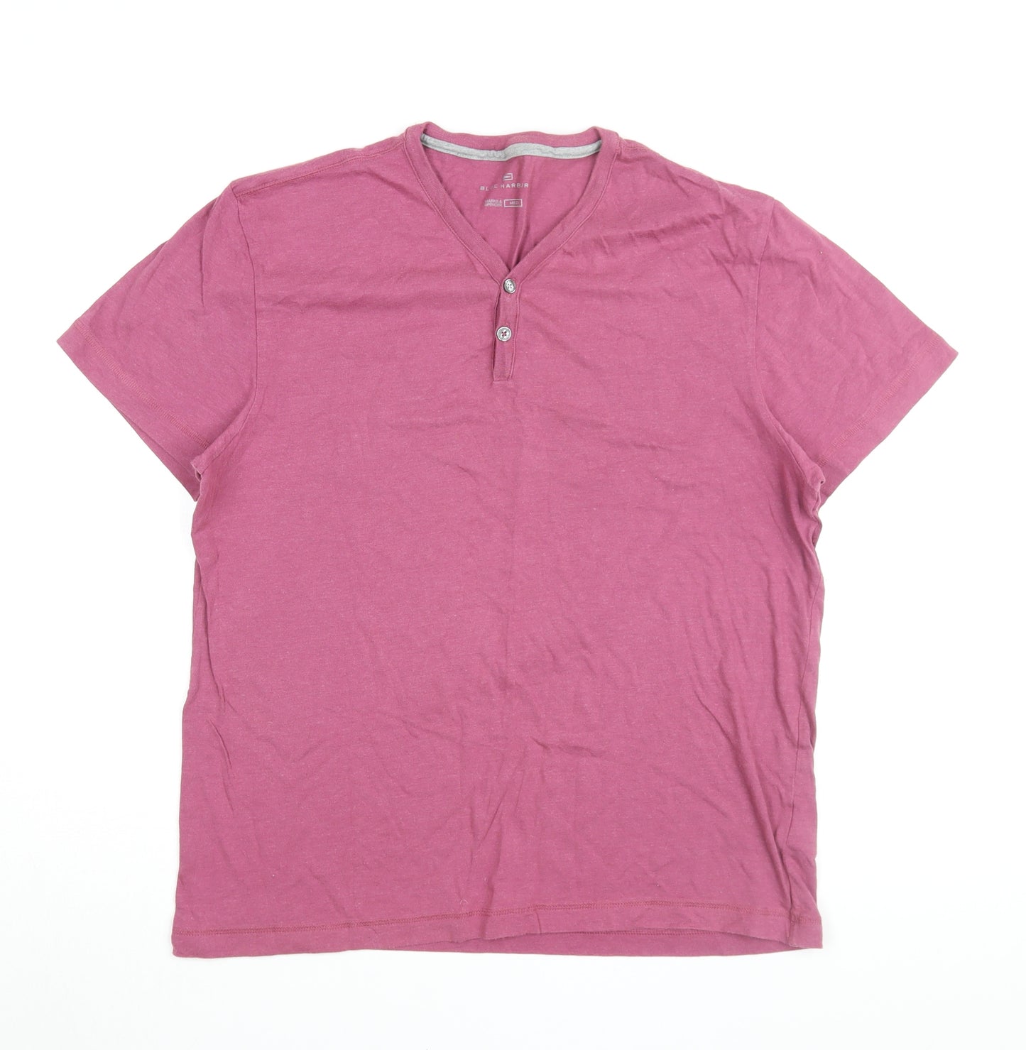 Marks and Spencer Men's Pink Henley T-Shirt Medium