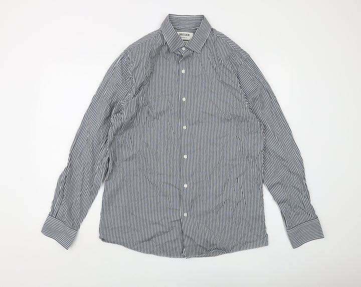 Jaeger Men's Blue Striped Button-Up Shirt L