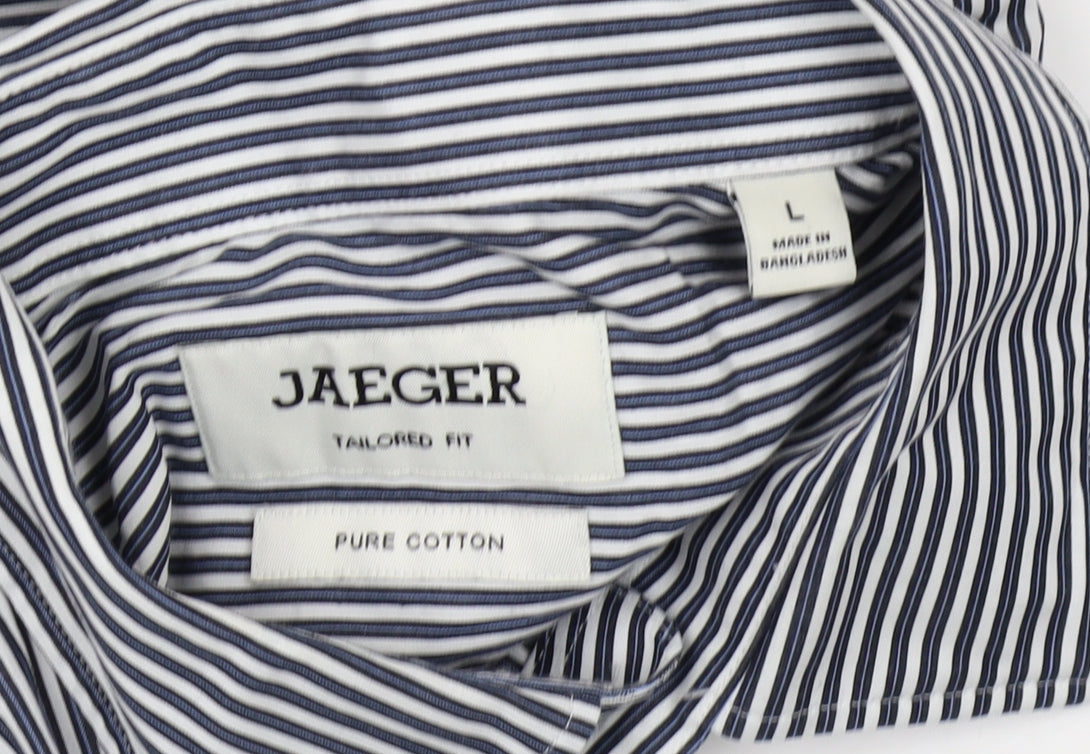 Jaeger Men's Blue Striped Button-Up Shirt L