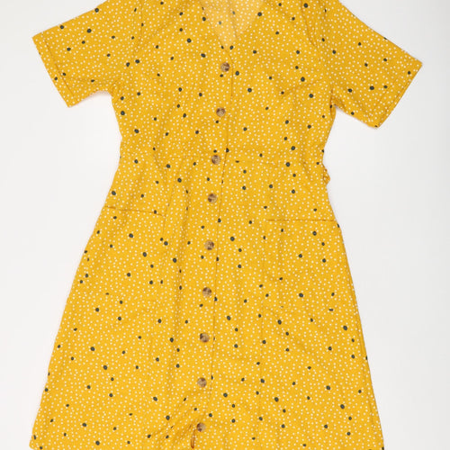 People Yellow Polka Dot Shirt Dress - Medium