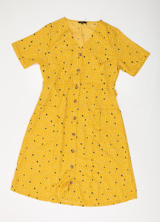 People Yellow Polka Dot Shirt Dress - Medium