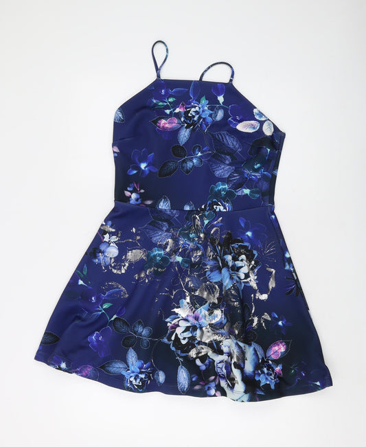 Lipsy Women's Blue Floral Mini Slip Dress Size 12