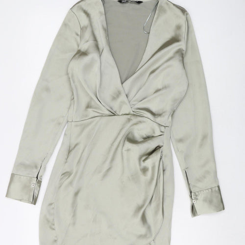 Zara Women's Grey Satin Wrap Mini Dress XS