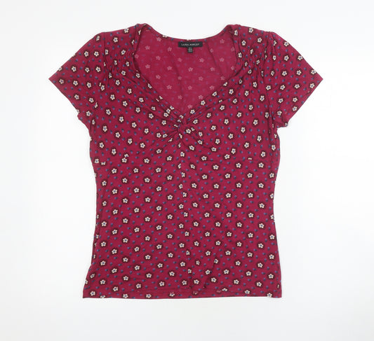 Laura Ashley Women's Red Floral V-Neck T-Shirt Size 14