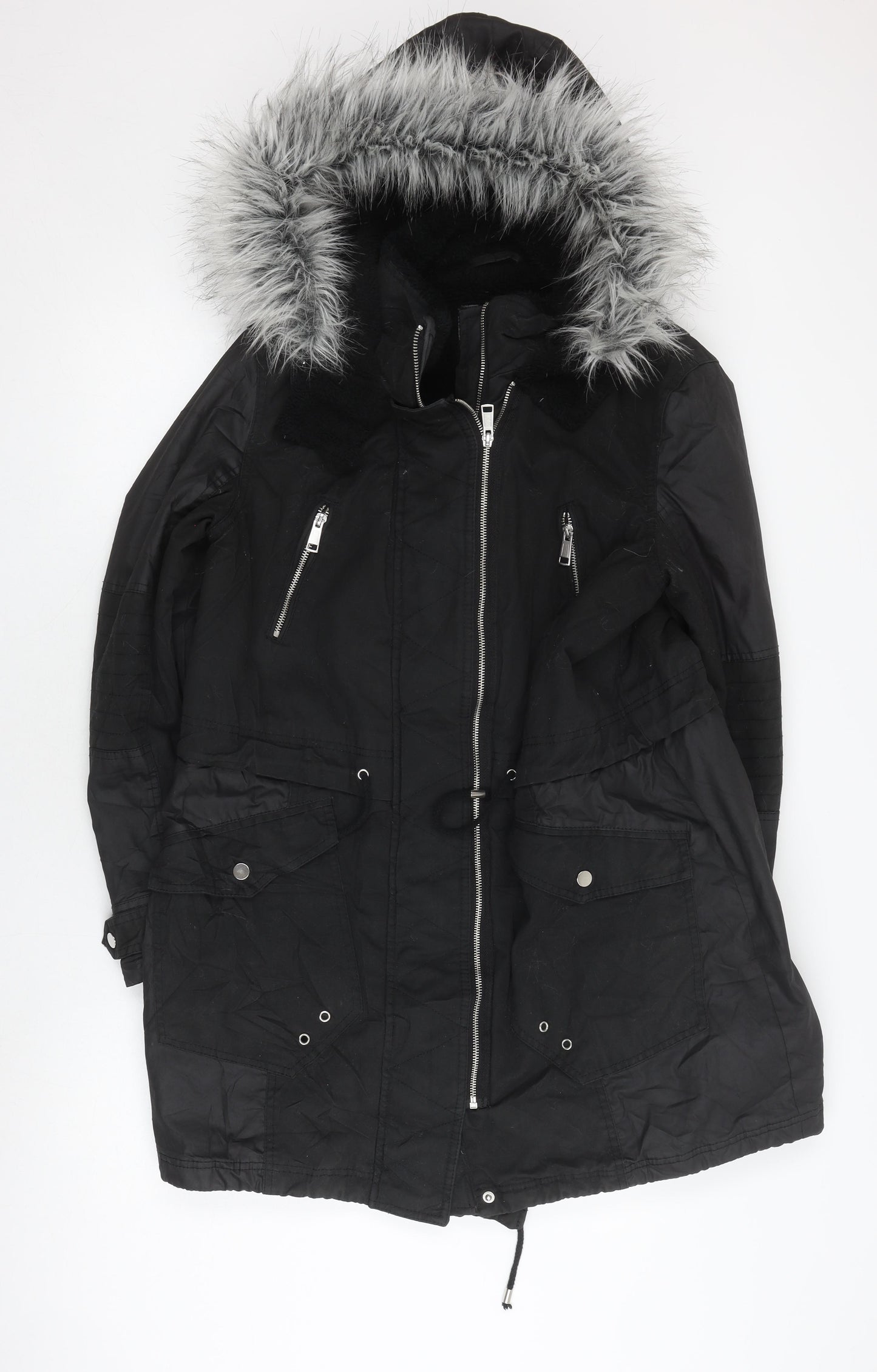 F&F Women's Black Fur Trim Parka Coat, Size 18