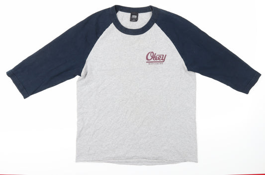 Obey Men's Grey Blue 3/4 Sleeve T-Shirt M