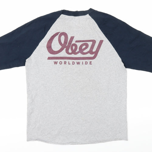 Obey Men's Grey Blue 3/4 Sleeve T-Shirt M