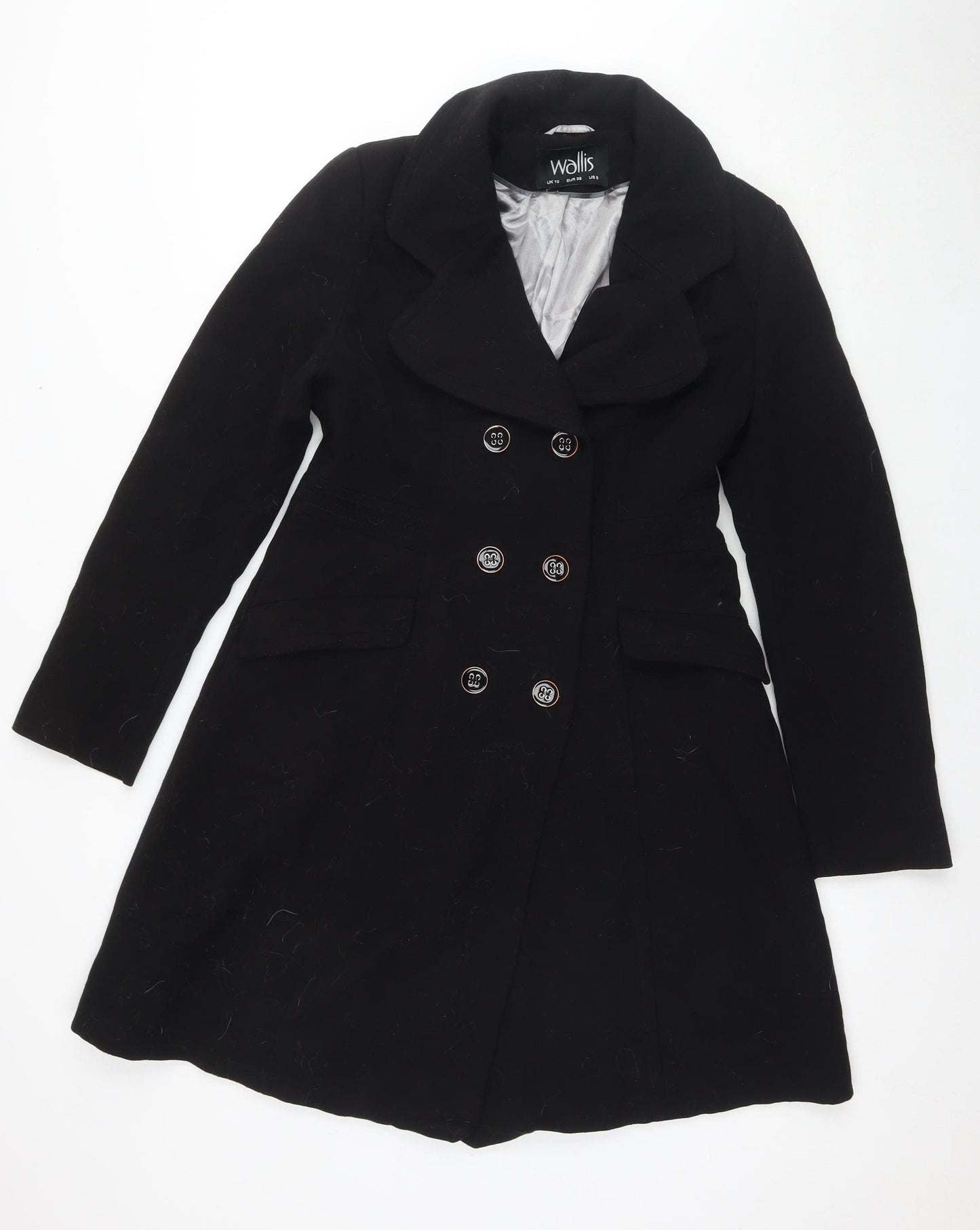 Wallis Women's Black Pea Coat, Size 10, Button-Front