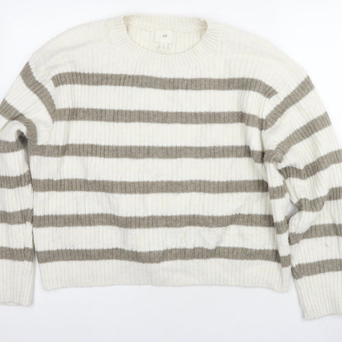 H&M Women's White Grey Striped Knit Jumper, Size L