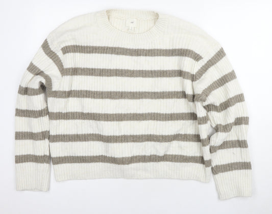 H&M Women's White Grey Striped Knit Jumper, Size L