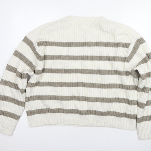 H&M Women's White Grey Striped Knit Jumper, Size L