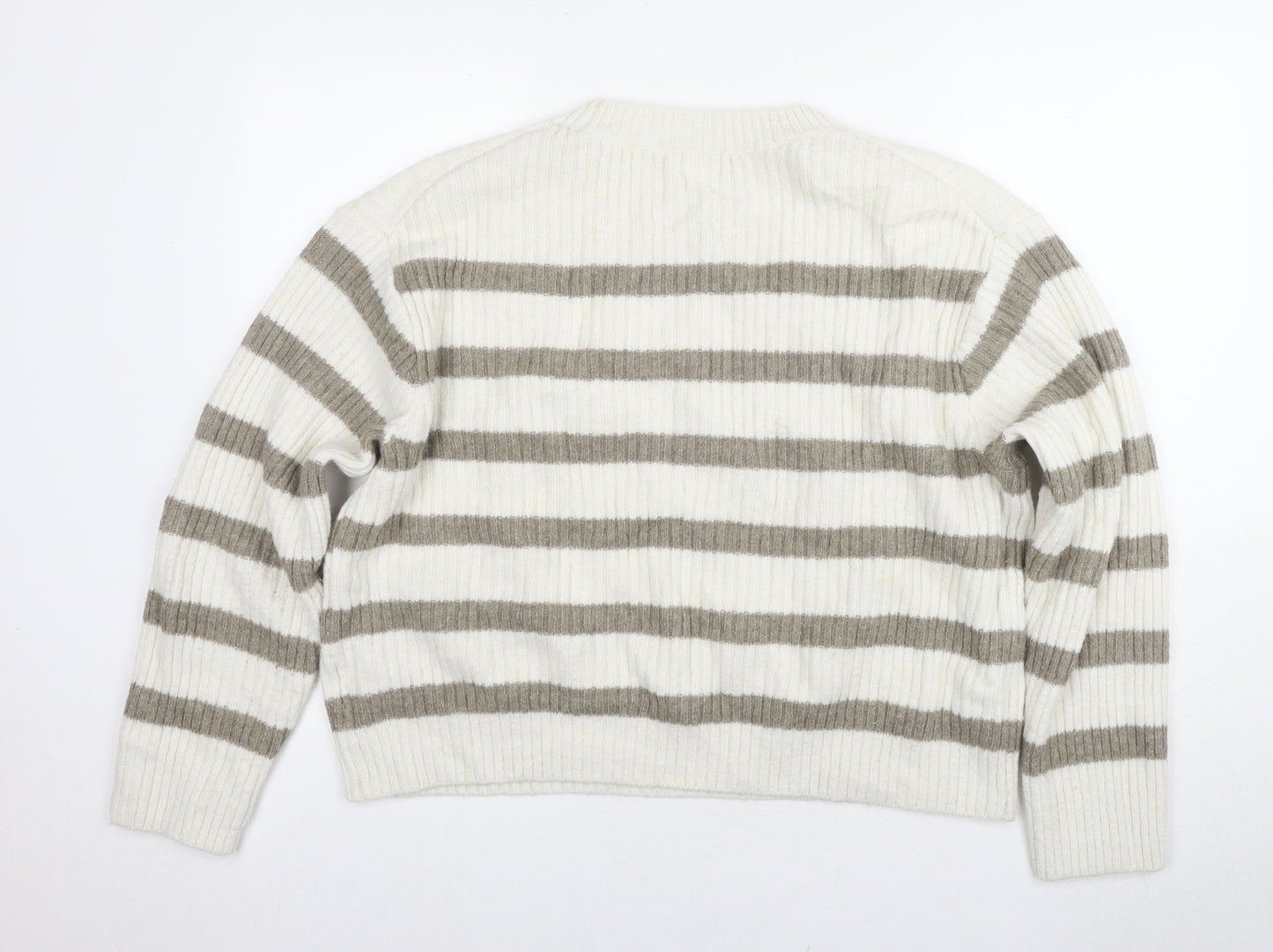 H&M Women's White Grey Striped Knit Jumper, Size L