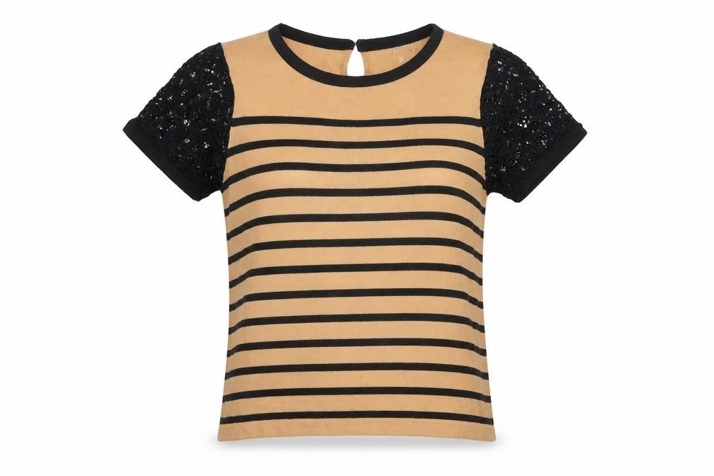 Marks and Spencer Women's Black Beige Striped Jersey T-Shirt