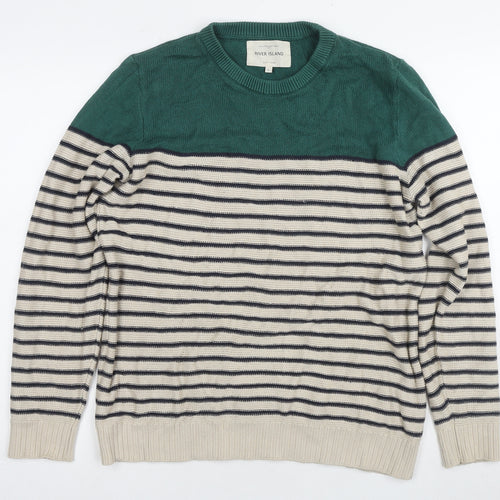 River Island Men's Large Green Striped Pullover Jumper