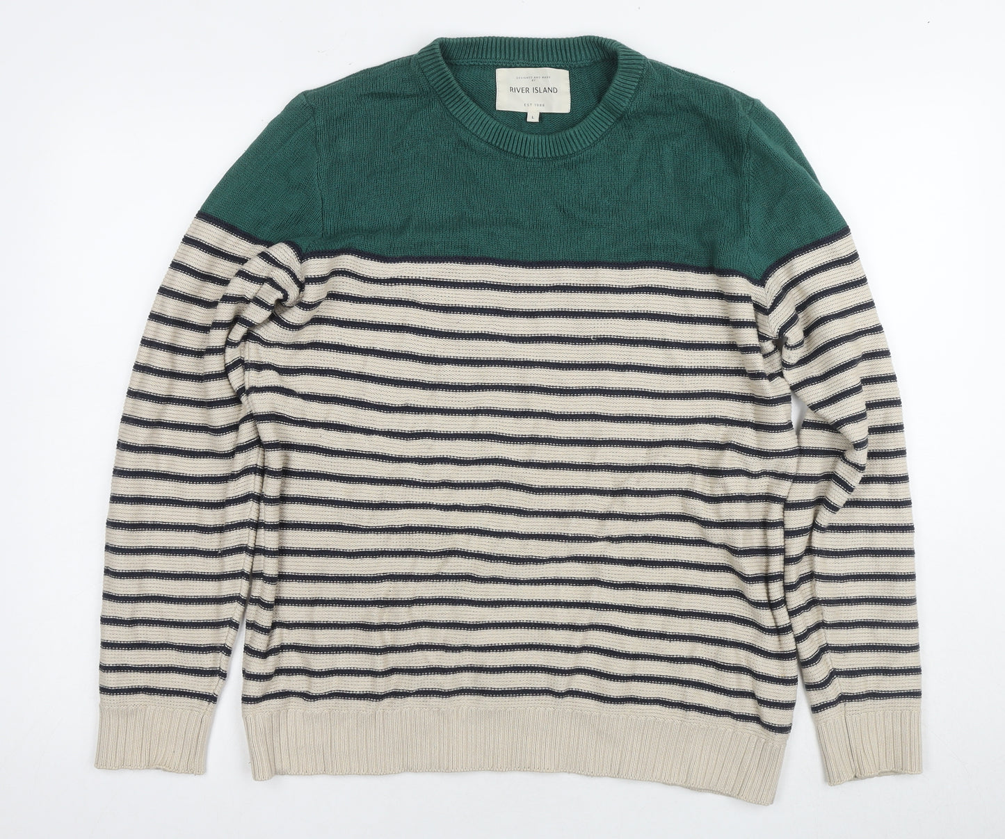 River Island Men's Large Green Striped Pullover Jumper