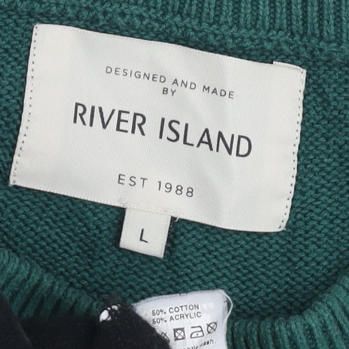 River Island Men's Large Green Striped Pullover Jumper