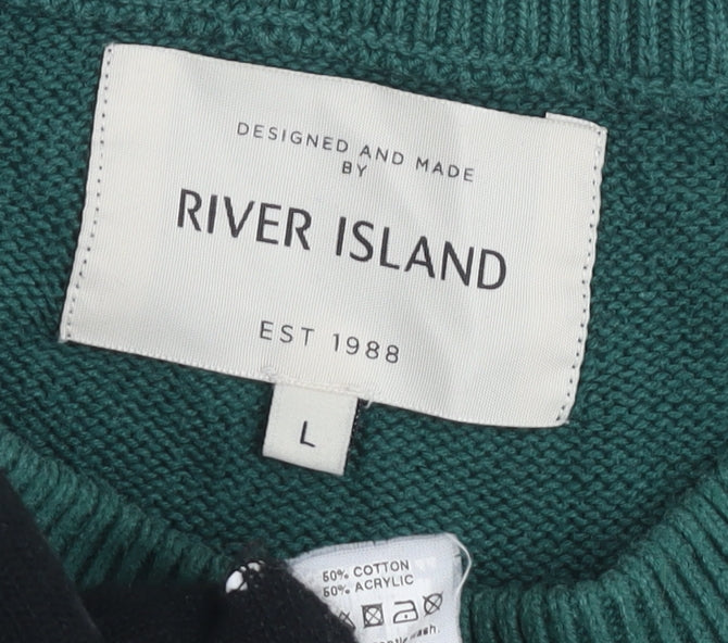 River Island Men's Large Green Striped Pullover Jumper