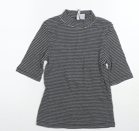 H&M Women's Black Striped Mock Neck 3/4 Sleeve T-Shirt