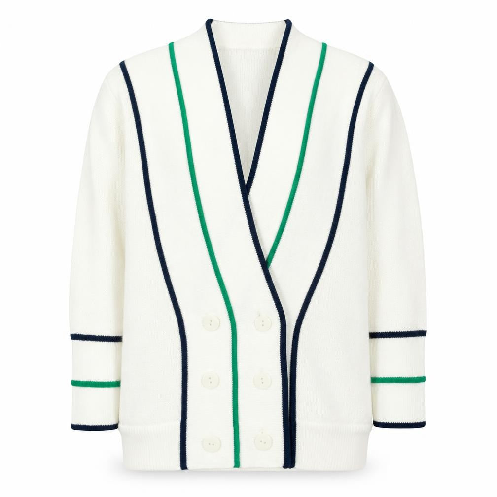 Front view of Excel Women's White Cardigan, size S, V-Neck