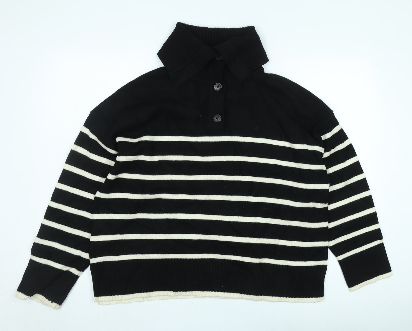 Zara Women's XL Black Striped Collared Henley Jumper